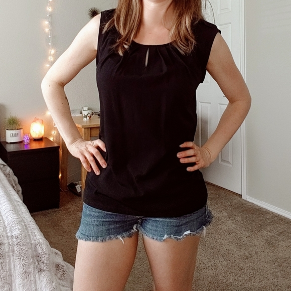 The Limited Tops - Black keyhole front pleated neck shell blouse